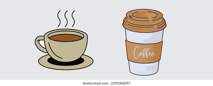 Set of Coffee cups colored outline drawings. Vector illustration isolated on white background. 	