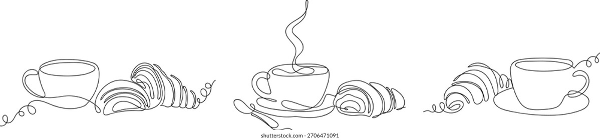 A set of coffee cups and croissants in one continuous line. vector drawing.