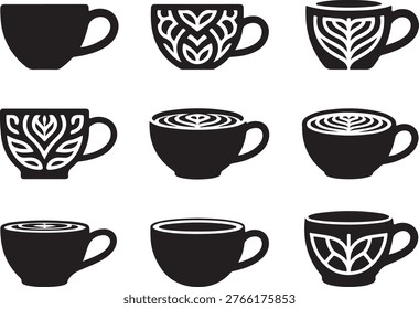 Set of coffee cups with decorative and latte art designs representing cafe beverages and stylish drinkware.