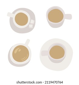 Set of coffee cups with delicious fragrant coffee, top view. a bowl with a saucer, with and without sugar. Vector illustration isolated on white background.
