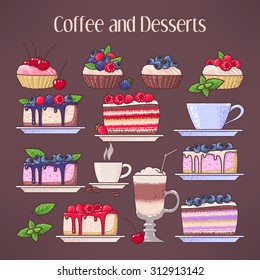 Set of coffee cups and desserts with fresh berries 