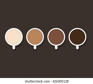 Conjunto de tazas de café con diferentes contenidos de leche, desde leche entera hasta café negro. Tarta, capuchino y chocolate caliente. Afiche minimalista del café.