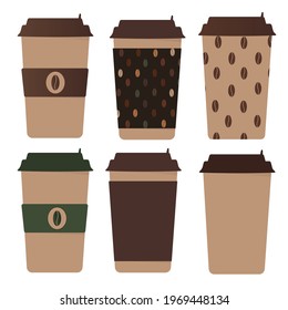 A set of coffee cups. Dishes for drinks with you. Separate cups for coffee drinks with different textures on a white background. Vector illustration.