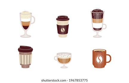 Set of Coffee Cups, Disposable Plastic, Paper, Ceramic and Glass Mugs, Cafe, Restaurant Menu Design Cartoon Vector Illustration