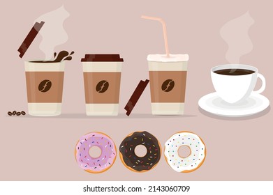 set of coffee cups with donuts espresso latte cappuccino in bowl and paper cup