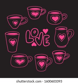 Set of coffee cups with doodle doodles of love. Coffee cups for Valentine's Day. Outline. Hand drawing doodle. Stock vector illustration.