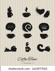 Set of coffee cups drawings on lined vintage paper. Hand drawn doodle style imitation. Black and white vector icon collection