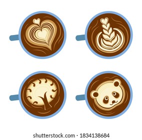 Set of coffee cups with drawings on coffee crema. Top view vector Illustrations isolated on a white background. Design element for logo, label,sign, emblem, badge.