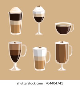 set of coffee cups elements aroma fresh drink