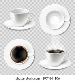 Set of coffee cups empty and with coffee. Ceramic cups or mugs with a saucer, top view, side view. coffee mug set with hot drink, 3d vector Isolated illustration