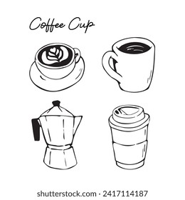 Set of Coffee cups hand drawn vector illustration. French press, mug, cup. Icon collection for menu, coffee shop. Hand drawn modern Vector illustration.