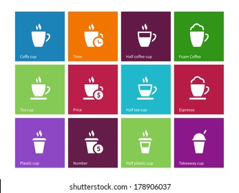 Set coffee cups icons on color background. Vector illustration.