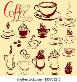 Set of coffee cups icons, stylized sketch symbols