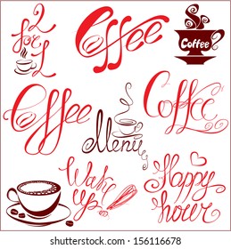 Set of coffee cups icons, stylized sketch symbols and hand drawn calligraphic text: coffee, menu, wake up, happy hour.Elements for cafe or restaurant design. 
