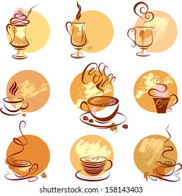 Set of coffee cups icons, stylized sketch symbols for restaurant or cafe menu.