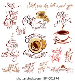 Set of coffee cups icons, stylized sketch symbols and hand drawn calligraphic text Start with coffee, made with love, Enjoy the moment, etc. Elements for menu, cafe or restaurant design. 