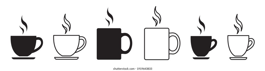 Set of coffee cups icons. Symbols cups coffee with steam. Coffee cup with saucer line art icon for apps and websites. Cup of hot tea, drink. Vector illustration.