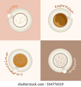 Set of coffee cups. Illustration of a flat style. Coffee vector icon set menu.