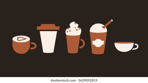 Set of coffee cups including latte art, takeaway cup, cappuccino with whipped cream, iced coffee and espresso. 