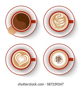 Set of coffee cups isolated on white. Espresso and cappuccino coffee, coffee with whipped cream and chocolate. Vector illustration