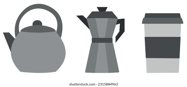 set of coffee cups kettle,	
