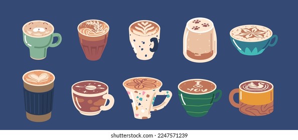 Set of Coffee Cups with Latte Art Patterns Front View. Cute Bear Face, Cat Paws, Flower, Heart and Space, Swan and I Love You Inscription. Cafe Bar or Coffee House Graphics. Vector Illustration, Icons