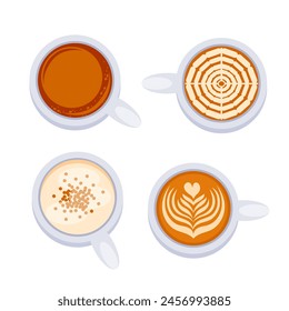 Set of coffee cups and latte art in cute cartoon style.