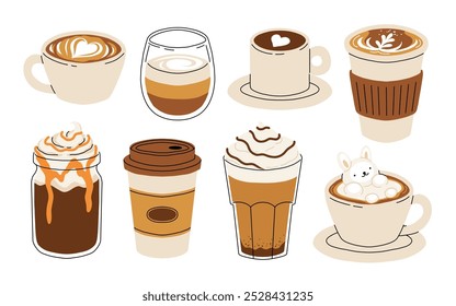 Set of Coffee Cups with Latte Art Patterns Front View. Cute rabbit, Flower and Heart foam shapes. Cafe Bar or Coffee House Graphics. Vector Illustration, Icons