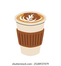 Set of Coffee Cups with Latte Art Patterns Front View. Cute rabbit, Flower and Heart foam shapes. Cafe Bar or Coffee House Graphics. Vector Illustration, Icons