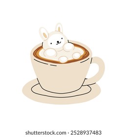 Set of Coffee Cups with Latte Art Patterns Front View. Cute rabbit, Flower and Heart foam shapes. Cafe Bar or Coffee House Graphics. Vector Illustration, Icons