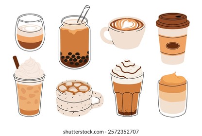 Set of Coffee Cups with Latte Art Patterns Front View. Cute rabbit, Flower and Heart foam shapes. Cafe Bar or Coffee House Graphics. Vector Illustration, Icons