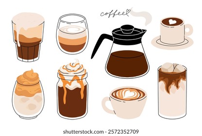 Set of Coffee Cups with Latte Art Patterns Front View. Cute rabbit, Flower and Heart foam shapes. Cafe Bar or Coffee House Graphics. Vector Illustration, Icons