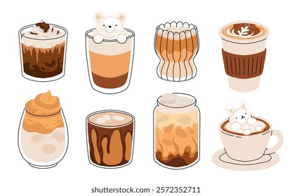 Set of Coffee Cups with Latte Art Patterns Front View. Cute rabbit, Flower and Heart foam shapes. Cafe Bar or Coffee House Graphics. Vector Illustration, Icons