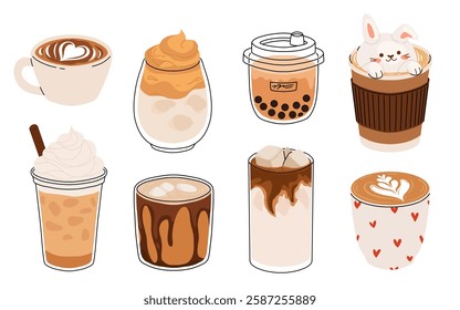 Set of Coffee Cups with Latte Art Patterns Front View. Cute rabbit, Flower and Heart foam shapes. Cafe Bar or Coffee House Graphics. Vector Illustration, Icons