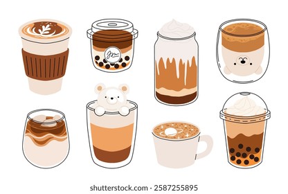 Set of Coffee Cups with Latte Art Patterns Front View. Cute rabbit, Flower and Heart foam shapes. Cafe Bar or Coffee House Graphics. Vector Illustration, Icons