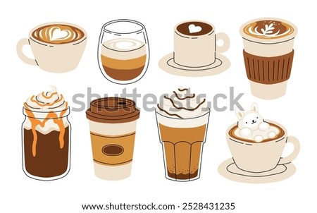 Set of Coffee Cups with Latte Art Patterns Front View. Cute rabbit, Flower and Heart foam shapes. Cafe Bar or Coffee House Graphics. Vector Illustration, Icons