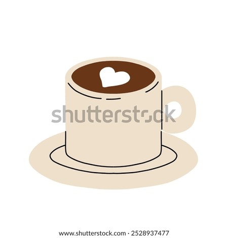 Set of Coffee Cups with Latte Art Patterns Front View. Cute rabbit, Flower and Heart foam shapes. Cafe Bar or Coffee House Graphics. Vector Illustration, Icons