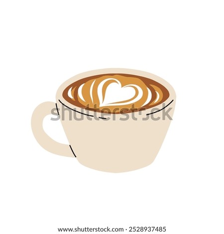 Set of Coffee Cups with Latte Art Patterns Front View. Cute rabbit, Flower and Heart foam shapes. Cafe Bar or Coffee House Graphics. Vector Illustration, Icons
