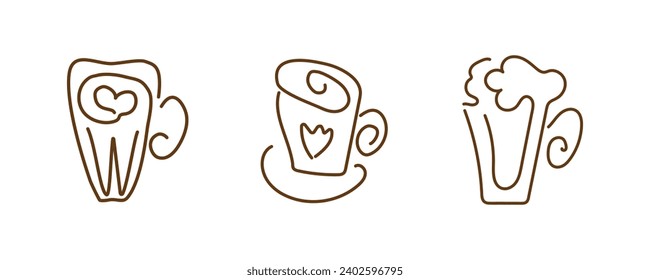 Set of coffee cups with latte, espresso, cappuccino, contour brown linear silhouettes. Vector linear icons for menu, website, cafe design