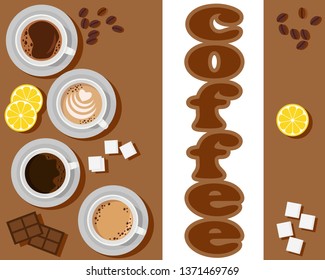 Set of coffee in cups with lemon, chocolate and sugar.