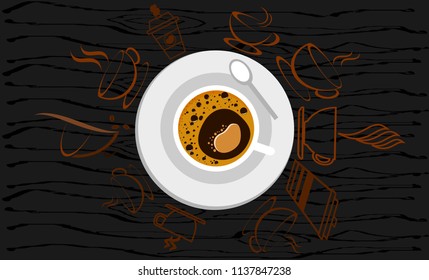 Set of coffee cups, many sizes, are hot, smoke on the background of black wood, both on paper and on the web.