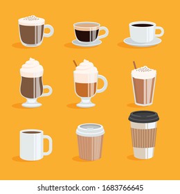 Set of coffee cups. Coffee menu vector illustration.