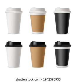 Set of coffee cups. Mockup template for cafe, corporate identity design. Disposable paper tableware. Vector template for hot drinks.Vector illustration EPS10