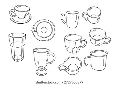 Conjunto de xícaras de café e canecas em diferentes formas e vistas desenhadas em estilo de linha simples. Conceito de cafe drinkware coleção bebida servindo e itens de cozinha do dia a dia