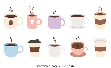 Set of coffee cups and mugs, including to-go cups, steaming mugs, and cups with decorative elements like hearts and coffee beans, vector eps10 illustration