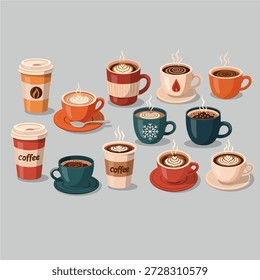 Set von Kaffeetassen und Bechern mit Latte Art und Steam Flat Vektorgrafik