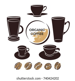 Set of coffee cups with realistic beans. Silhouette, shape, illustration. Sketch collection. Circle concept. Hand-drawn vector symbol. Organic drink eps.10
