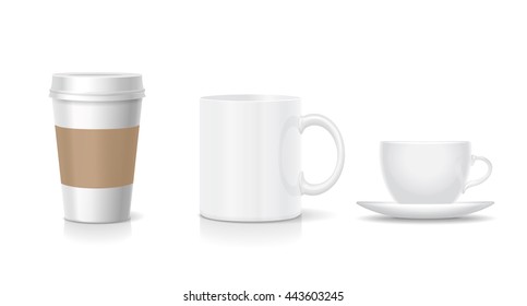 Set of coffee cups Realistic coffee set with paper cup china mug. Vector