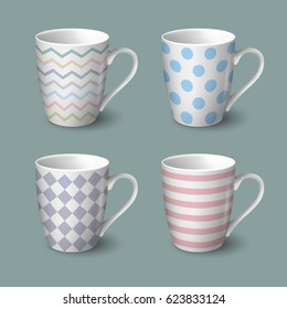 Set of coffee cups with retro geometric patterns. Vector template for Mock Up. Vector illustration