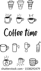 A set of coffee cups in the style of doodle. Black and white illustration. Beverage concept, for cafes, restaurants, menu compilation